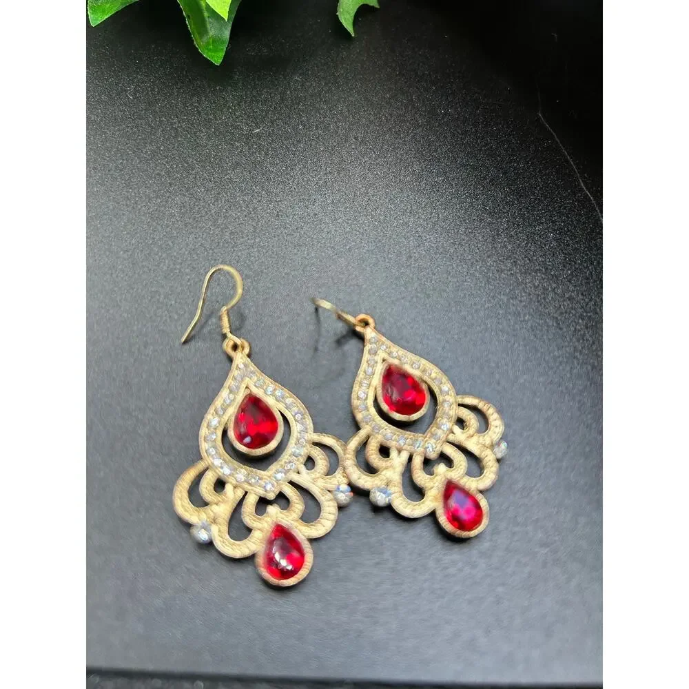 Vintage Gold Tone Red Teardrop Dangle Earrings White Rhinestone Halo Border